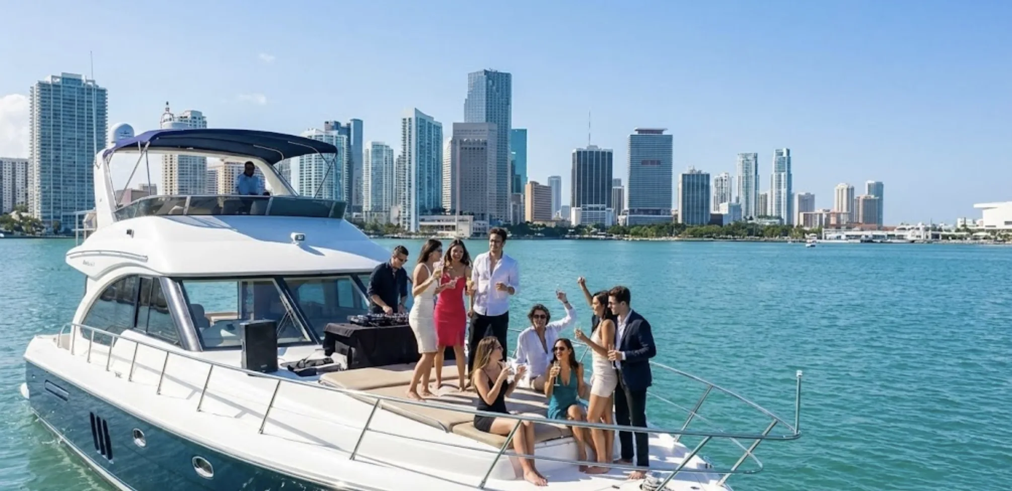 Biscayne Bay yacht party with Miami skyline